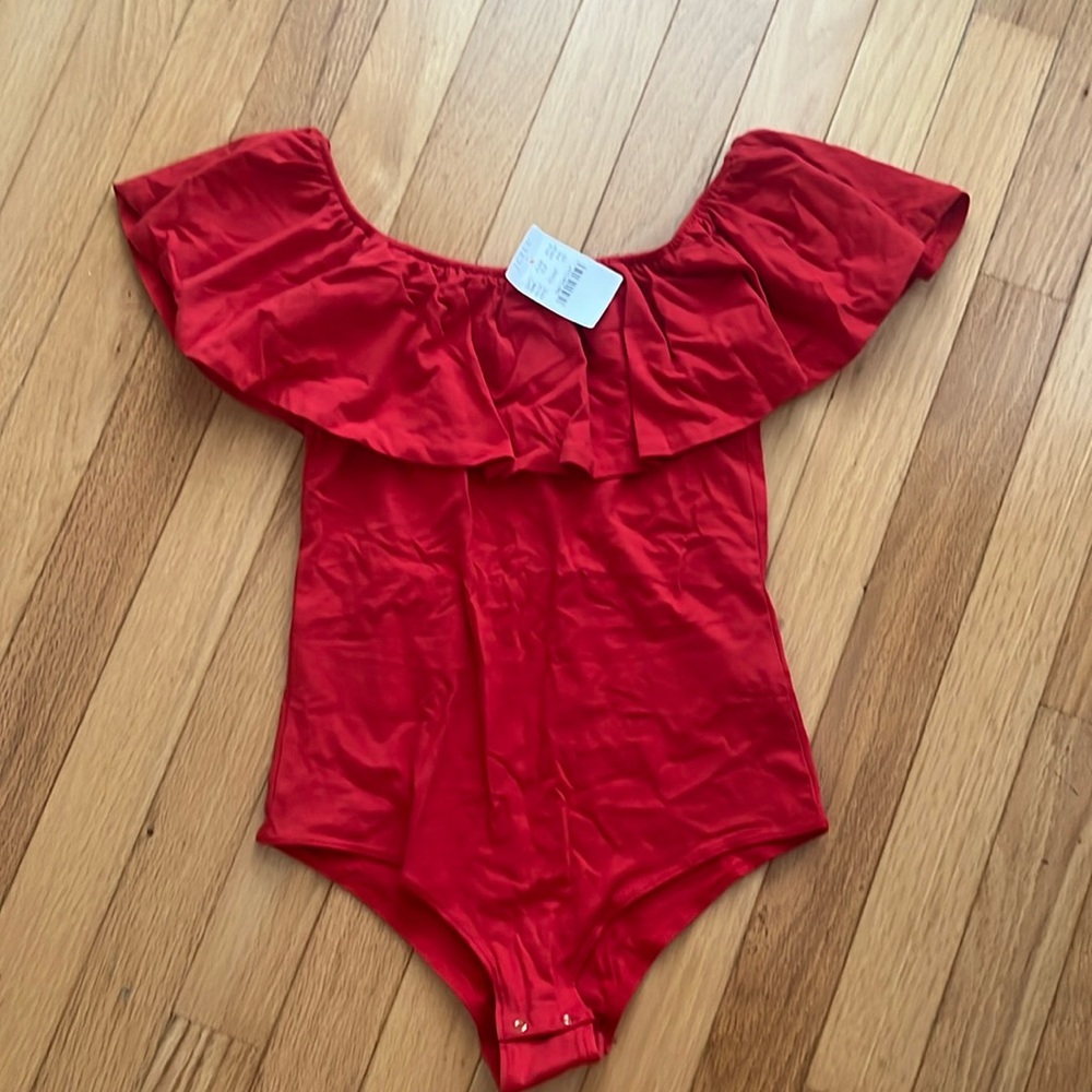 J crew bodysuit with ruffle off shoulder
